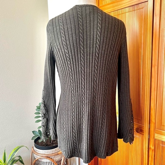 INC Small Army Green Open Front Cardigan Cable Knit Lace Slerves - Picture 3 of 6